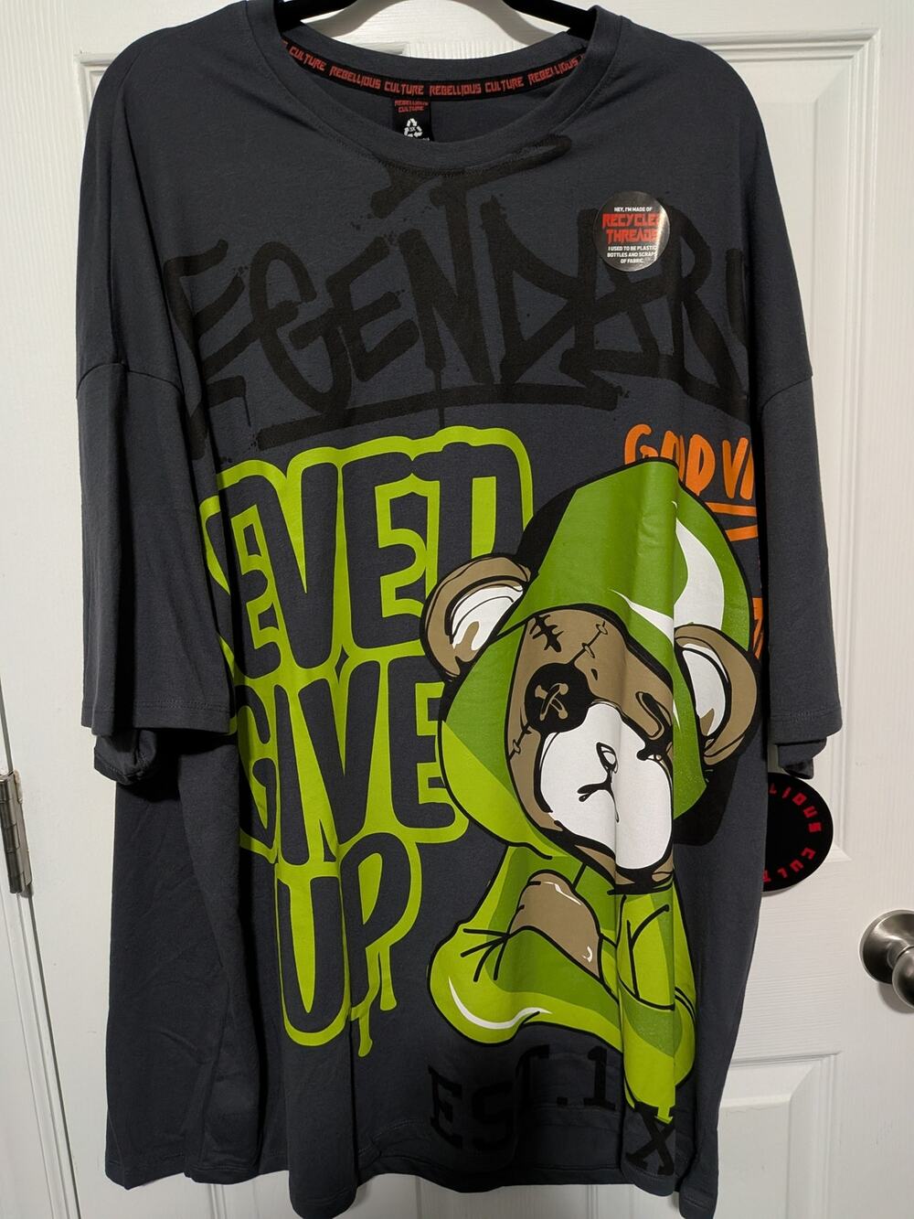 Rebellious Culture Men's T-Shirt Sz 3X Never Give Up Legend Neon Green Bear NWT